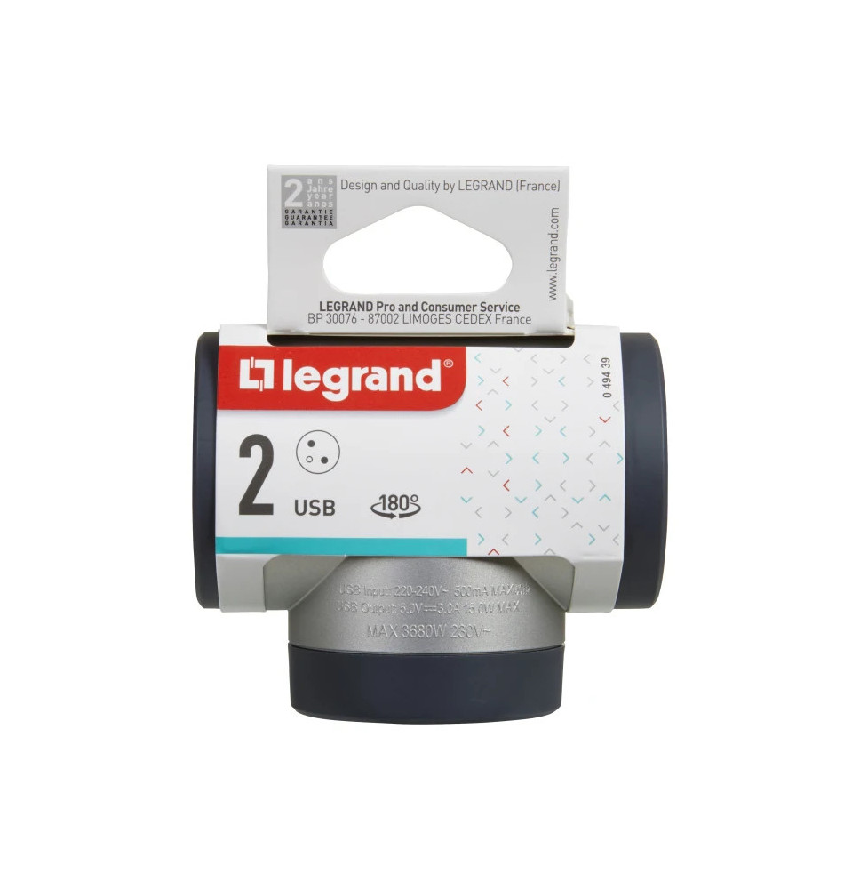 Rozbočovač bočný otočný 3x2P+T, USB A+C, hliník/tmavosivá